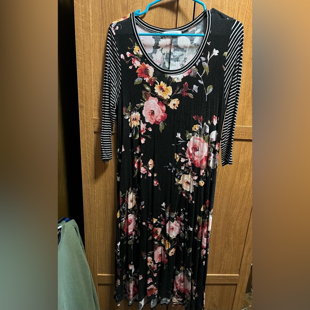 Floral Black Dress with Striped Sleeves